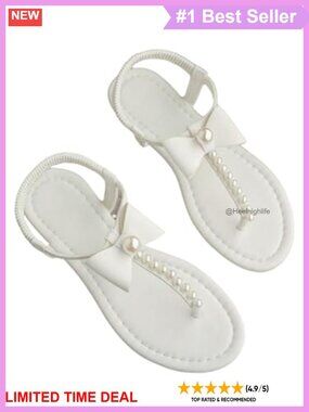 Pearl Beaded Bowknot Flat Sandals Open Toe Ankle Strap Women's
